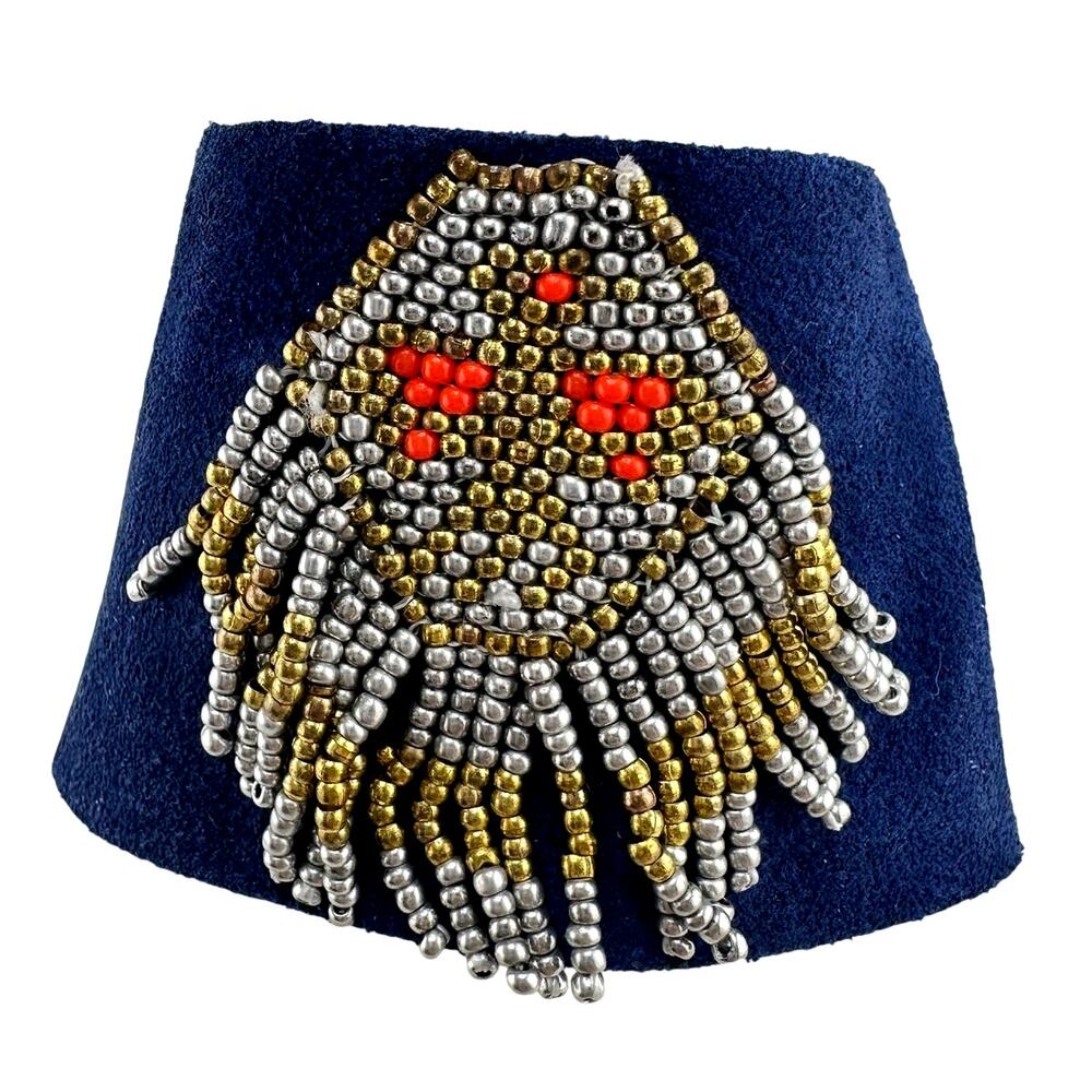 Hipanema Boho Blue Suede Beaded Fringe Gold Tone Magnetic Cuff 6.5" Bracelet
